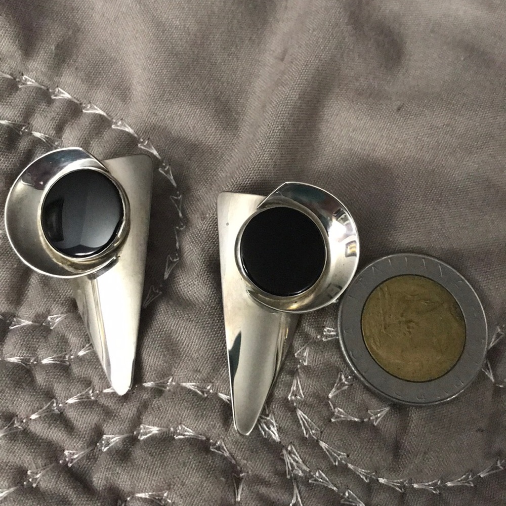 Vintage - Sterling Silver Earrings Onyx Contemporary Design